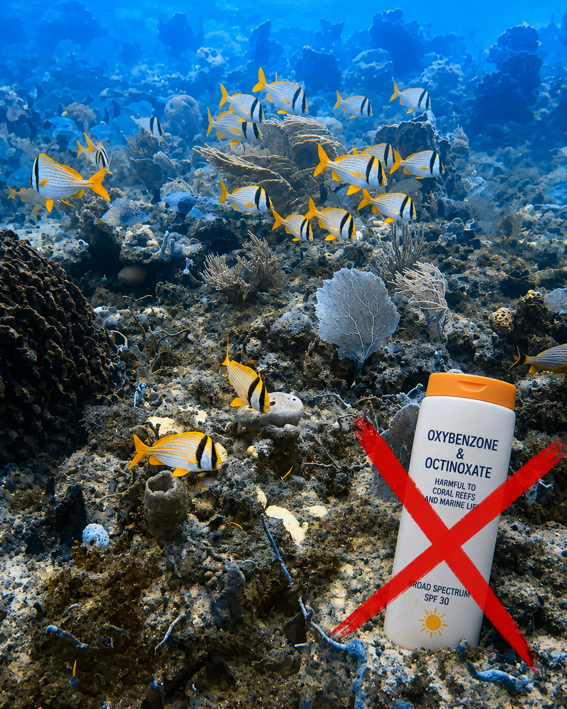 Underwater coral reef with tropical fish and a sunscreen bottle crossed out, illustrating the importance of choosing reef-friendly sun protection.
